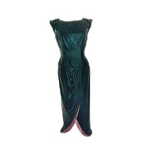 80s Bergdorf Goodman Emerald Green Drop Waist, Plunging Back Maxi Velvet Gown